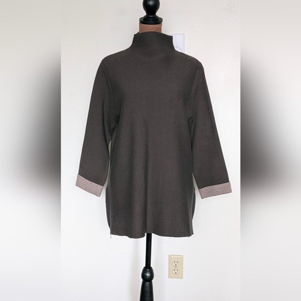 Olive GreenTahari XL Mock Neck Knit Tunic Top Side Zip Minimalist